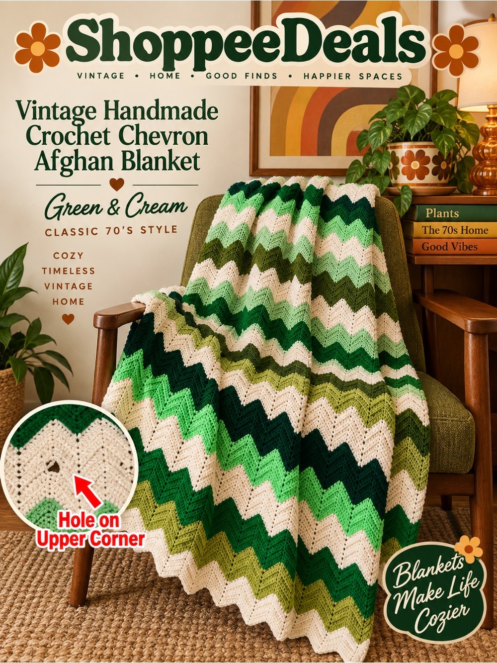 Vintage Handmade Crochet Chevron Afghan Blanket – Green & White